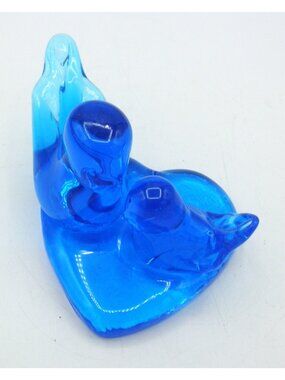 Blue Bird Of Happiness Glass Love Birds On Heart Figurine Signed Leo Ward 1996